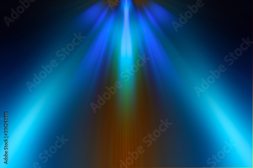 Multicolored rays of light shine through the facets of the crystal. 3D rendering