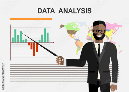 Business concept. Cartoon businessman making presentation explaining charts on a white board. Flat design, vector illustration.