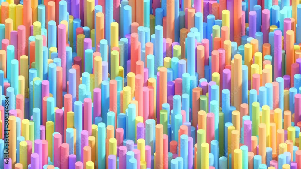 Waving Cylinders Surface Loop 1 Multicolor: isometric view of many vibrant, colorful cylinders moving up and down. Energy in motion. Array of colorful moving shapes. Abstract RGB background. 4K
