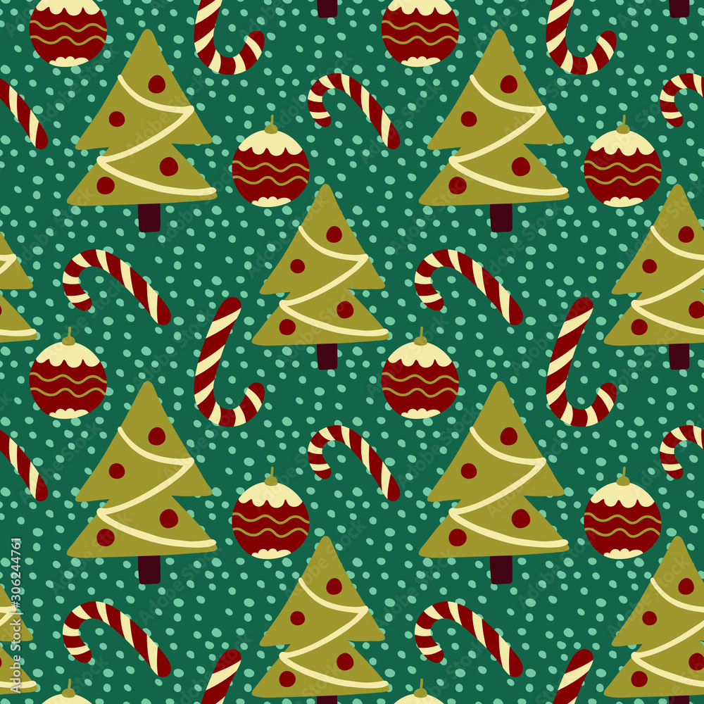 Christmas pattern with Christmas tree, candy, ball and snow on a blue background. Holiday vector illustration. Christmas pattern with Christmas tree, candy, ball and snow on a blue background. Holiday vector illustration.