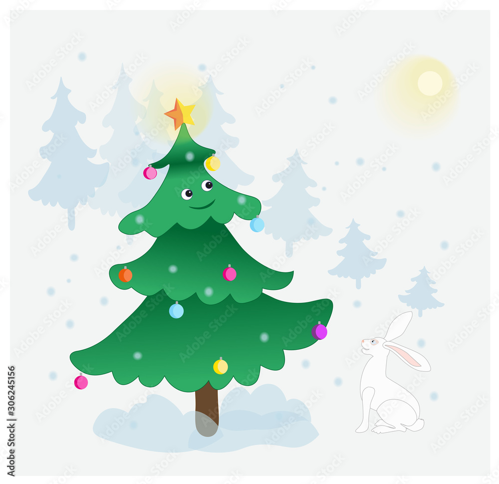 Vector illustration Happy Christmas tree in the forest with hare
