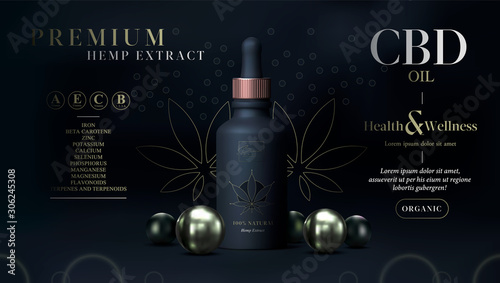 CBD oil benefits. Cannabis oil. Marijuana background. Realistic glass bottle with hemp oil. Mock up of cannabis oil extracts in jar. Medical Marijuana use flyer or banner. Recreational weed usage.
