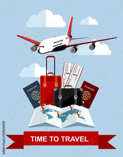 Travel and tourism concept. Air tickets, passports and travel suitcase with funky stickers and world map, civilian plane, tourism and planning, vector illustration. Travel Concept.
