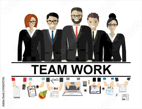 Successful teamwork. Businesspeople, man and woman, standing together in teamwork. Flat illustration concepts for web banners, web sites, printed materials, infographics.