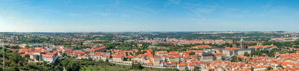 picturesque panorama of old European tourist city Prague, capital of Czech Republic. Skyline aerial view townscape on sunny day