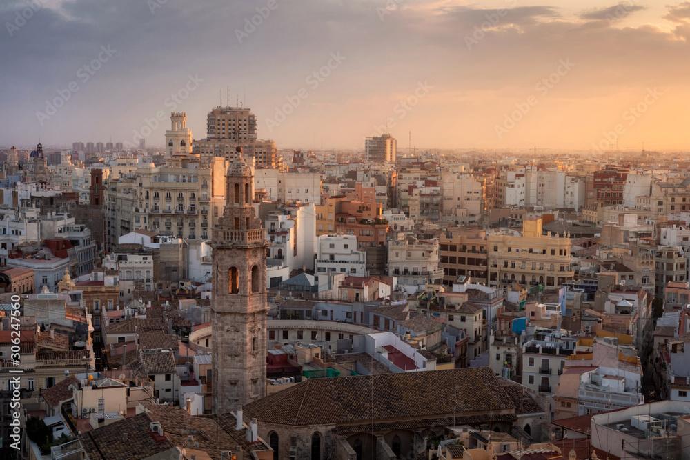 Beautiful aerial view of Valencia at the sunset, Spain