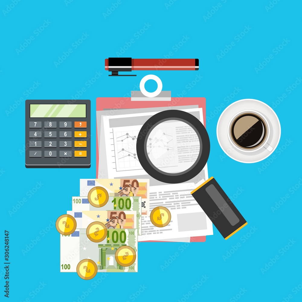 Obraz premium Auditor work desk, accounting paperwork, business research, financial audit, auditing tax process, research report,vector
