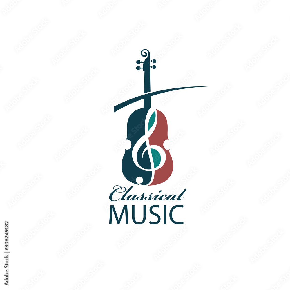 abstract emblem of violin and treble clef isolated on white background