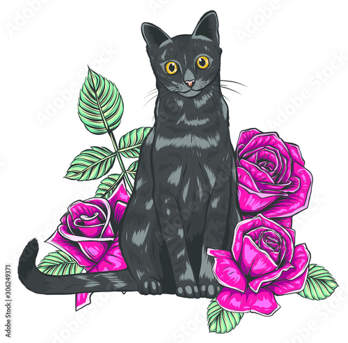 cartoon fluffy cat with roses. Siamese cat with open eyes and flowers. Coloring book for adults and children.