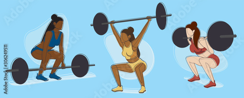 Female Weight Lifter Character Set, Strength Training, Body Building, Multicultural Diversity Concept