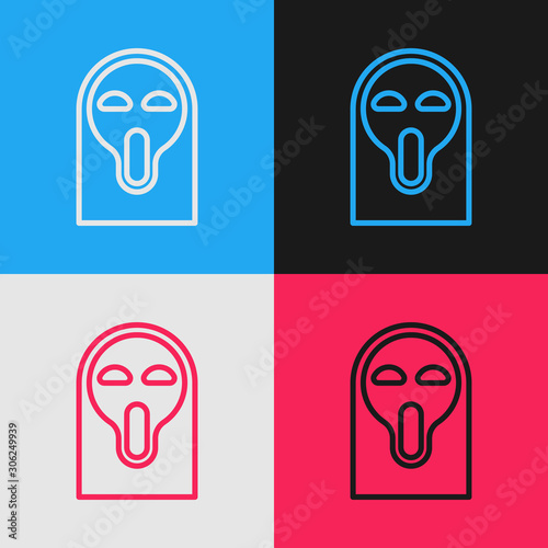Color line Funny and scary ghost mask for Halloween icon isolated on color background. Happy Halloween party. Vintage style drawing. Vector Illustration