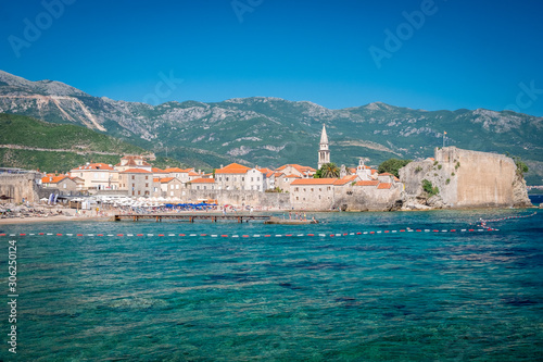 View of the old town from the side of Budva, Montenegro.