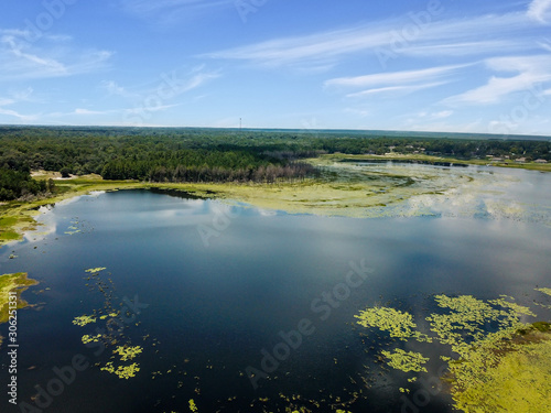 Aerial view of a large lake