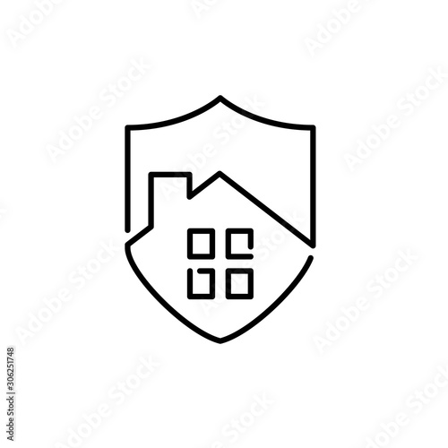 Símbolo seguro del hogar. Icono plano lineal escudo con casa en color negro