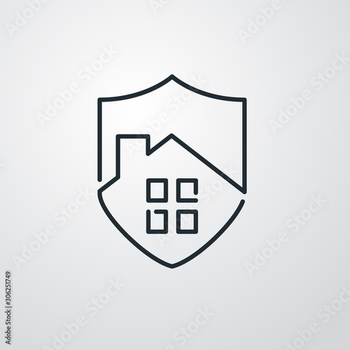 Símbolo seguro del hogar. Icono plano lineal escudo con casa en fondo gris