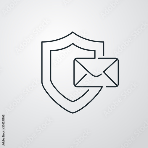 Correo electrónico seguro. Icono plano lineal escudo con sobre en fondo gris