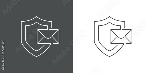 Correo electrónico seguro. Icono plano lineal escudo con sobre en fondo gris y fondo blanco