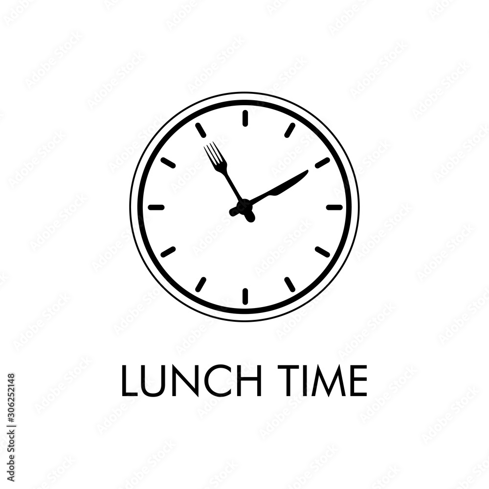 Logotipo con texto Lunch Time. Icono plano lineal con reloj con cubiertos en color negro Logotipo con texto Lunch Time. Icono plano lineal con reloj con cubiertos en color negro