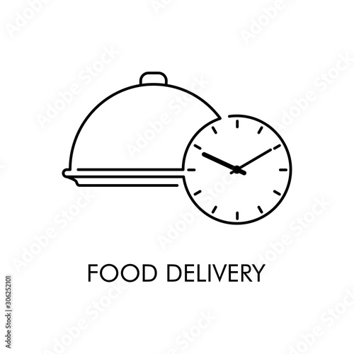 Servicio entrega de comida a domicilio. Icono plano lineal bandeja de comida con reloj en color negro	