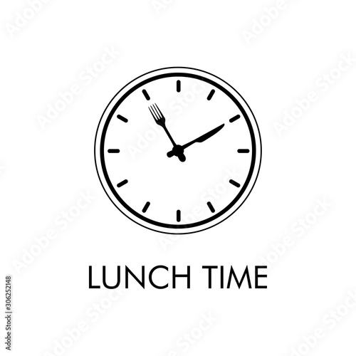 Logotipo con texto Lunch Time. Icono plano lineal con reloj con cubiertos en color negro