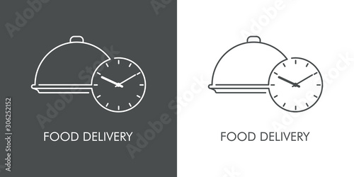 Servicio entrega de comida a domicilio. Icono plano lineal bandeja de comida con reloj en fondo gris y fondo blanco