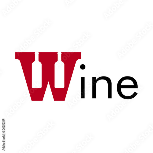 Logotipo palabra Wine con botella de vino en W en color granate
