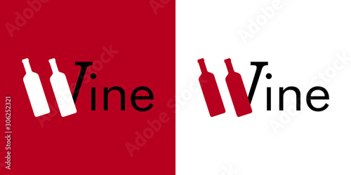 Logotipo palabra Wine con botella de vino en W en fondo granate y fondo blanco
