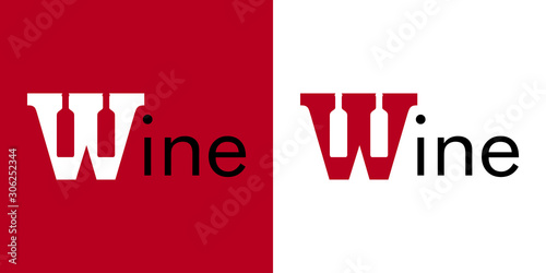 Logotipo palabra Wine con botella de vino en W en fondo granate y fondo blanco
