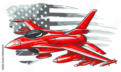 Military plane fired a missile. Fighter jet vector illustration.