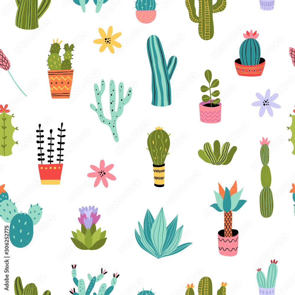 Obraz Cacti seamless pattern. Vector background with colorful succulents and cactus. Botanical theme graphic repeat design
