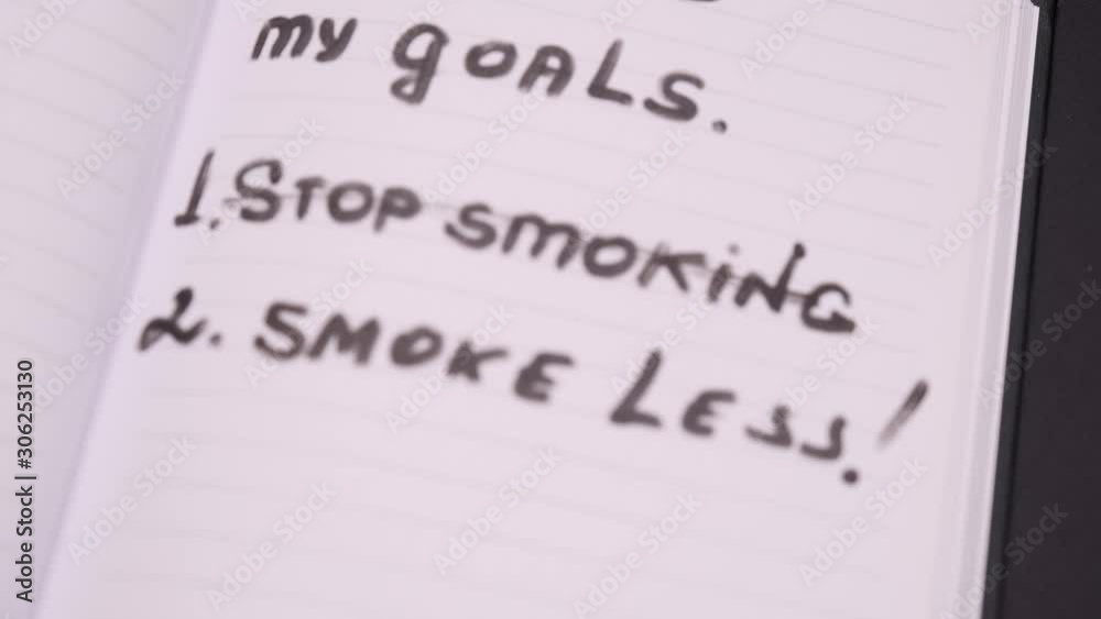 Close-up goals list on 2020 year. Notebook on a dark table. Stop smoking.