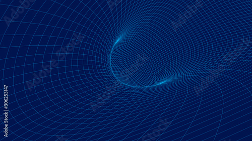 Fototapeta Naklejka Na Ścianę i Meble -  Vortex. Vector perspective curved grid. Wireframe abstract tunnel. 3D vector wormhole with a mesh structure.