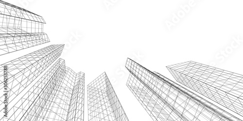 Architecture building construction. Linear 3d illustration
