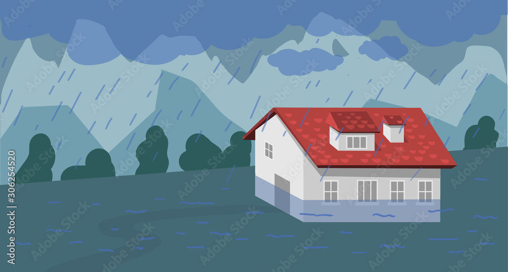 Flood - natural disaster in cartoon concept. rain, house floating in the water. vector illustration Stock Vector | Adobe Stock Flood - natural disaster in cartoon concept. rain, house floating in the water. vector illustration Stock Vector | Adobe Stock