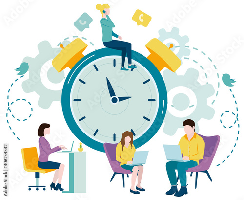 Vector flat illustration of time and schedule management. Organize working hours. People working hours, work affairs and tasks