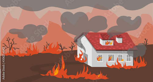 Fire in house - natural disaster. trouble, fire safety. flame burn fighting rules. vector illustration
