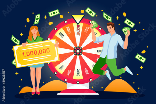 Couple win jackpot in lottery. Vector flat cartoon illustration. Lucky man, woman have won money prize in fortuna wheel