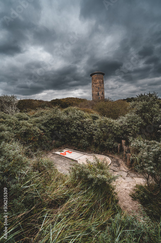 Minigolf Domburg, the Netherlands under the water tower dark sky bad weather