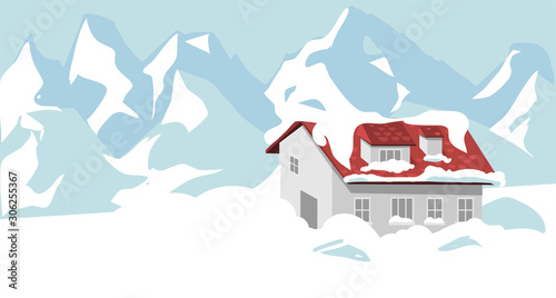 Snow Avalanche- nature disaster.HOUSE IN THE MOUNTAINS WOODED by a snow hazard. global warming effect.vector illustration