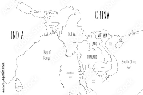 Map of Indochinese Peninsula. Handdrawn doodle style. Vector illustration