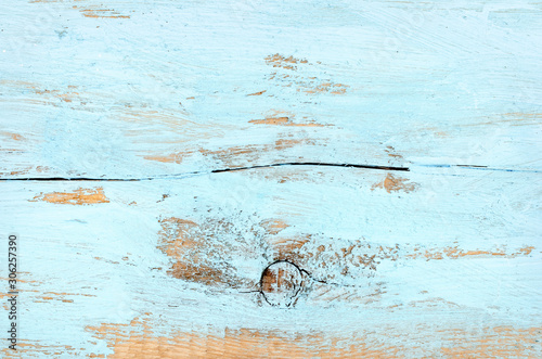 Blue vintage painted natural wooden background with knots and cracks .