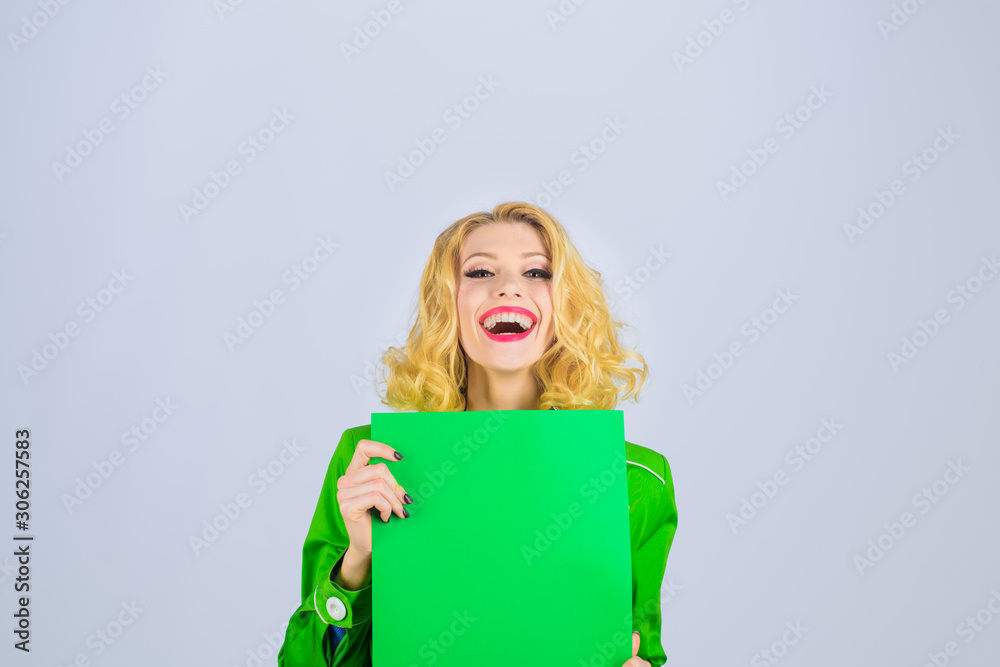 Market, shop, sale, discount. Cheerful girl holds advertising board. Sign board. Stylish woman holds sign board. Copy space for text. Advertising and sale. Advertising banner. Seasons sale. Discount. Market, shop, sale, discount. Cheerful girl holds advertising board. Sign board. Stylish woman holds sign board. Copy space for text. Advertising and sale. Advertising banner. Seasons sale. Discount.