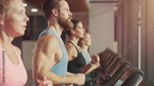 Group of Athletic People Running on Treadmills in a Row, Doing Fitness Exercise