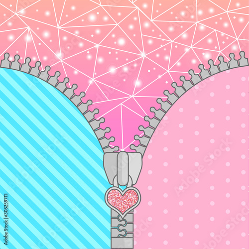 Cute surprise background with open zipper and crystals. Birthday congratulation or invitation fashion girls party