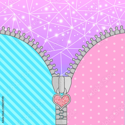 Cute surprise background with open zipper and crystals. Birthday congratulation or invitation fashion girls party