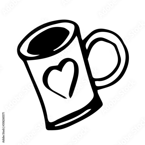 Single hand drawn cup of coffee, chocolate, cocoa, americano or cappuccino. Doodle vector illustration.