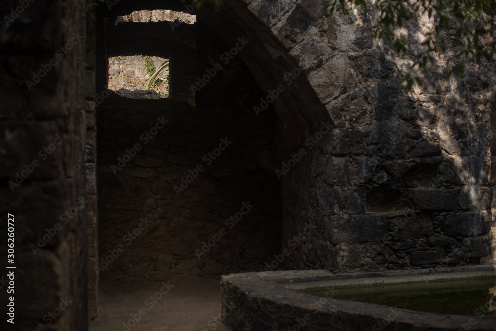 Ruins of An impressive construction  from XVIII century, tunnels, vaults, bridges, dungeons, mills, ovens. at the Hacienda of Santa Maria Regla in Huasca Mexican Town