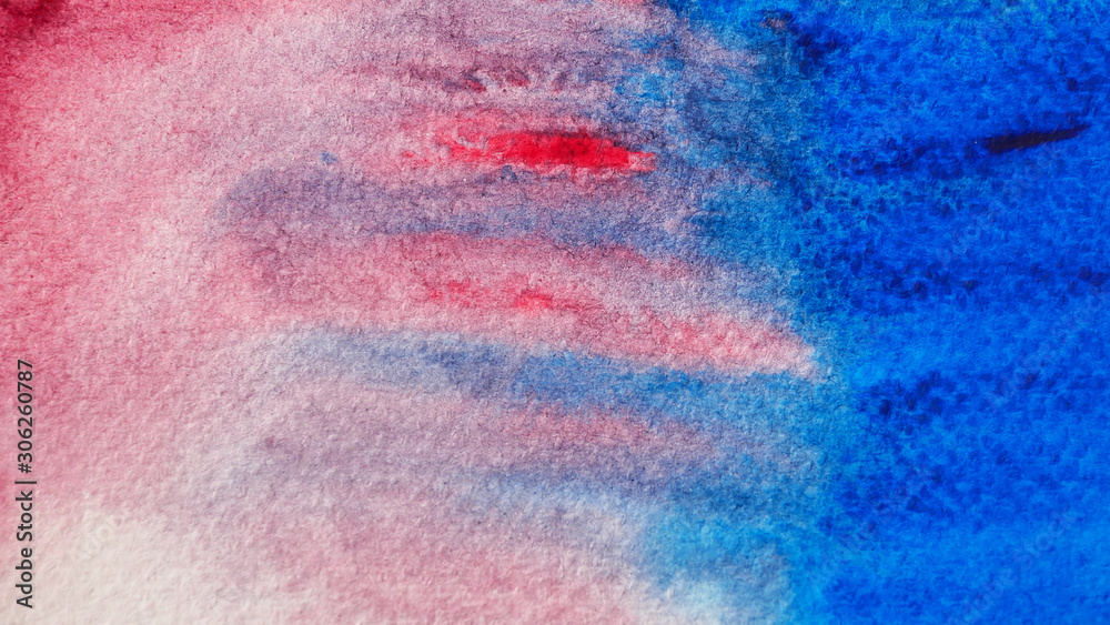 Fototapeta Jasne z kolorowym obrysem akwareli i sprayem na papierze, abstrakcyjne tło ręcznie rysowane na niebiesko z fioletową i różową kroplą cieczy