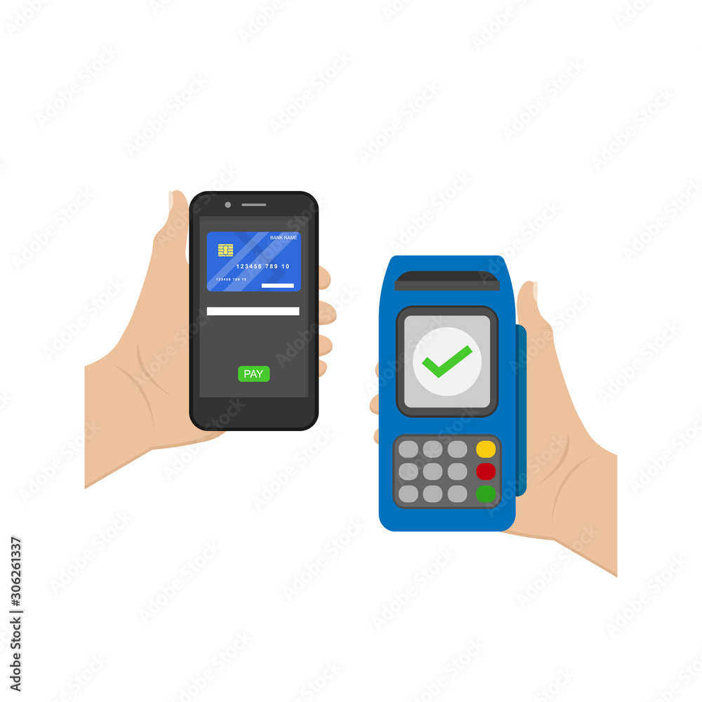 a hand holding a smartphone and an vector design EDC machine with the concept of contactless payment a hand holding a smartphone and an vector design EDC machine with the concept of contactless payment