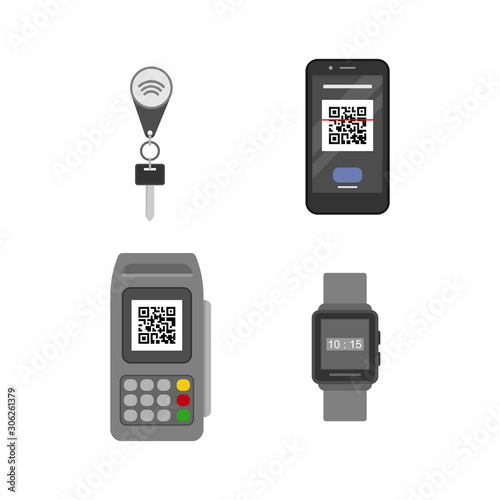 contactless payment with smart credit card, smartphone, watches and key fob. vector design isolated white background